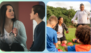 A school nurse is shown on the left side of the image talking to a young child, who is wearing a dark-colored long-sleeve shirt. On the right are two female soccer coaches facing toward the camera, one is kneeling, and the other is standing and holding a soccer ball. They are talking to a team of young children who are facing away from the camera and looking at the coach. 