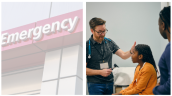 The left side of the image shows a sign outside of an emergency department; on the right is a doctor speaking with a young girl sitting down on an exam table with her mother standing next to her.