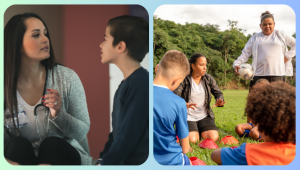 A school nurse is shown on the left side of the image talking to a young child, who is wearing a dark-colored long-sleeve shirt. On the right are two female soccer coaches facing toward the camera, one is kneeling, and the other is standing and holding a soccer ball. They are talking to a team of young children who are facing away from the camera and looking at the coach. 
