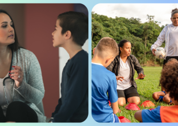 A school nurse is shown on the left side of the image talking to a young child, who is wearing a dark-colored long-sleeve shirt. On the right are two female soccer coaches facing toward the camera, one is kneeling, and the other is standing and holding a soccer ball. They are talking to a team of young children who are facing away from the camera and looking at the coach. 