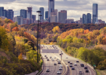 Highway leading in and out of a city in fall colors